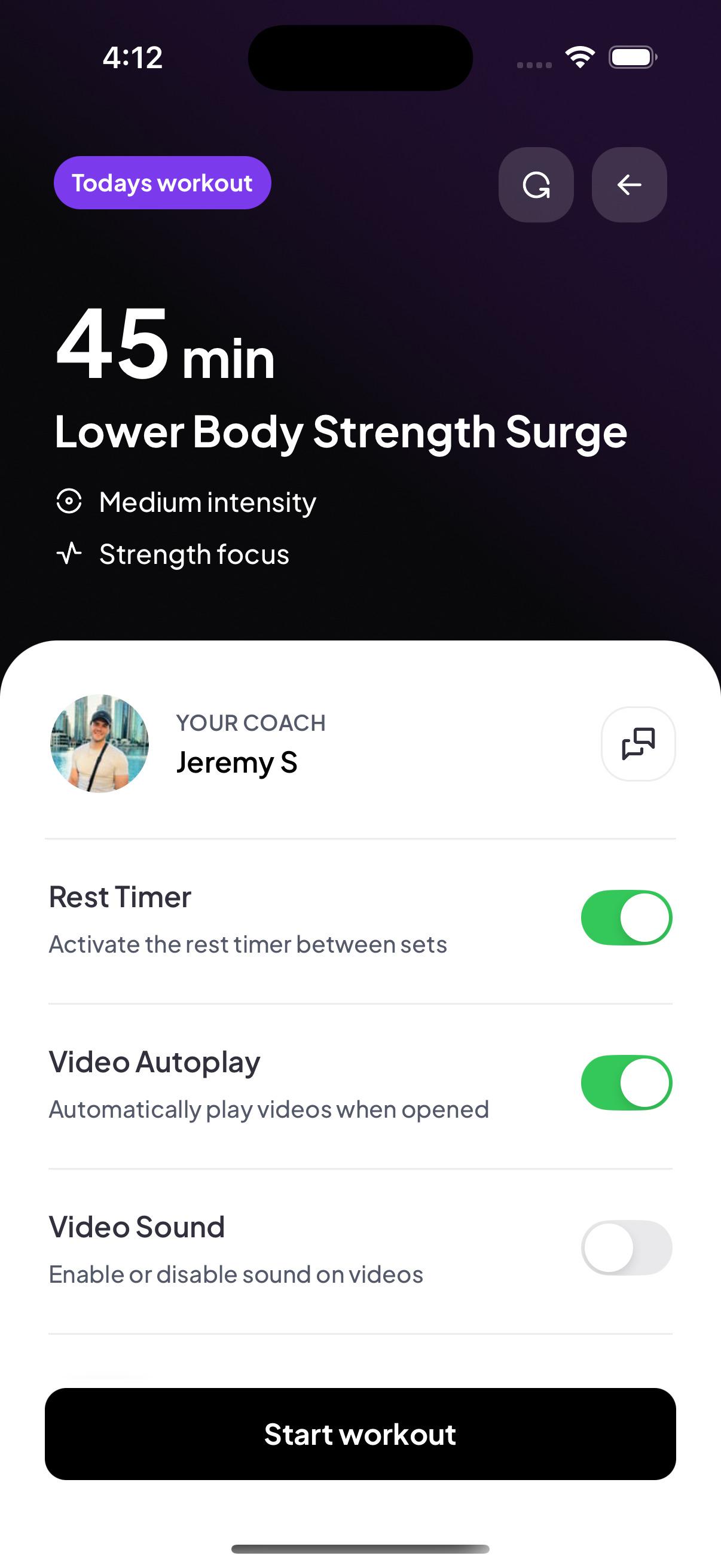 KOVA workout session screen